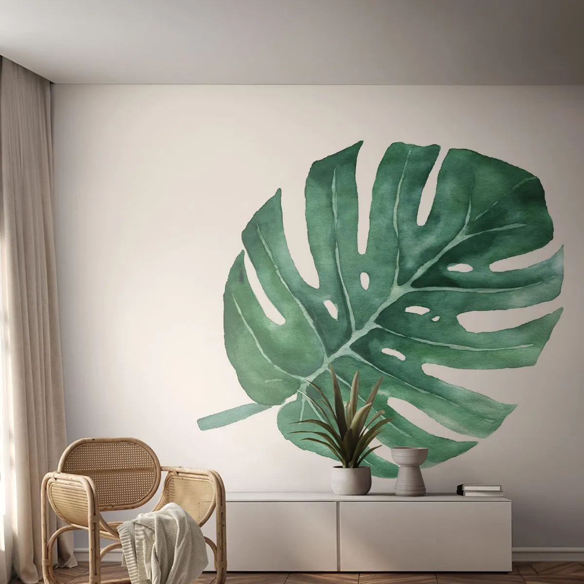 Fototapet Premium Sand - Grönt koncept - Monstera, Blad, Boho - 100x70 cm