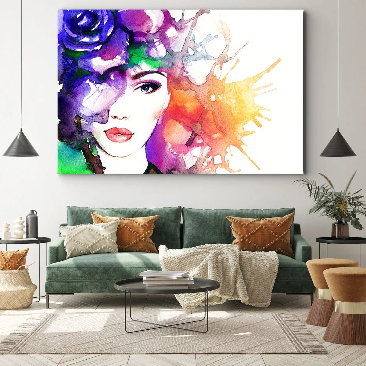 Canvastavla - Bild på duk - Porträtt av en kvinna i akvarellfärger med abstrakta fläckar - 70x50cm - Med huvudet i himlen - Modern väggdekoration för vardagsrum och sovrum ARTTOR