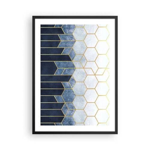 Affisch i svart ram - Geometrisk komposition i nyanser av marinblått och guld med hexagoner - 50x70cm - Komposition i synkoprytm - Modern väggdekoration för vardagsrum och sovrum ARTTOR