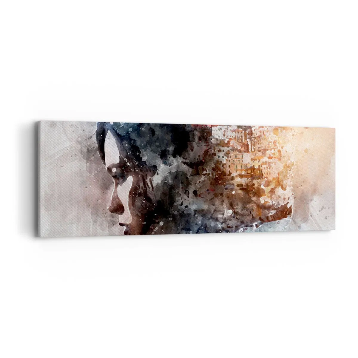 Canvastavla - Bild på duk - Berättelse om en tjej med en stad i bakgrunden - 90x30 cm