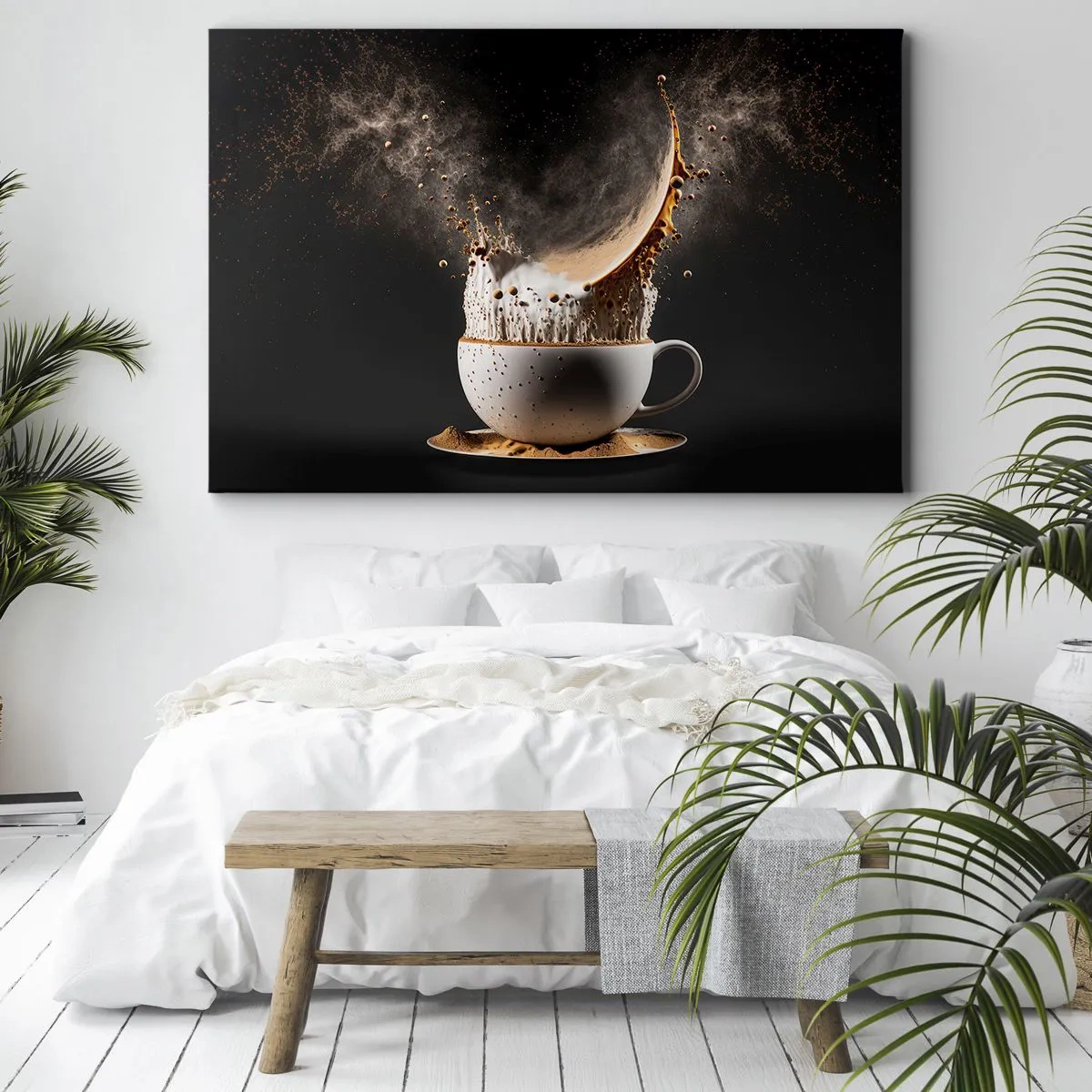 Canvastavla - Bild på duk - En kopp kaffe med en dynamisk explosion av vätska mot en svart bakgrund. - 70x50cm - Smakexplosion - Modern väggdekoration för vardagsrum och sovrum ARTTOR