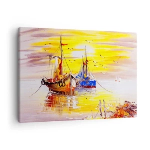 Canvastavla - Bild på duk - En målerisk scen av båtar på ett lugnt hav - 70x50cm - Välförtjänt vila i hamnen - Modern väggdekoration för vardagsrum och sovrum ARTTOR