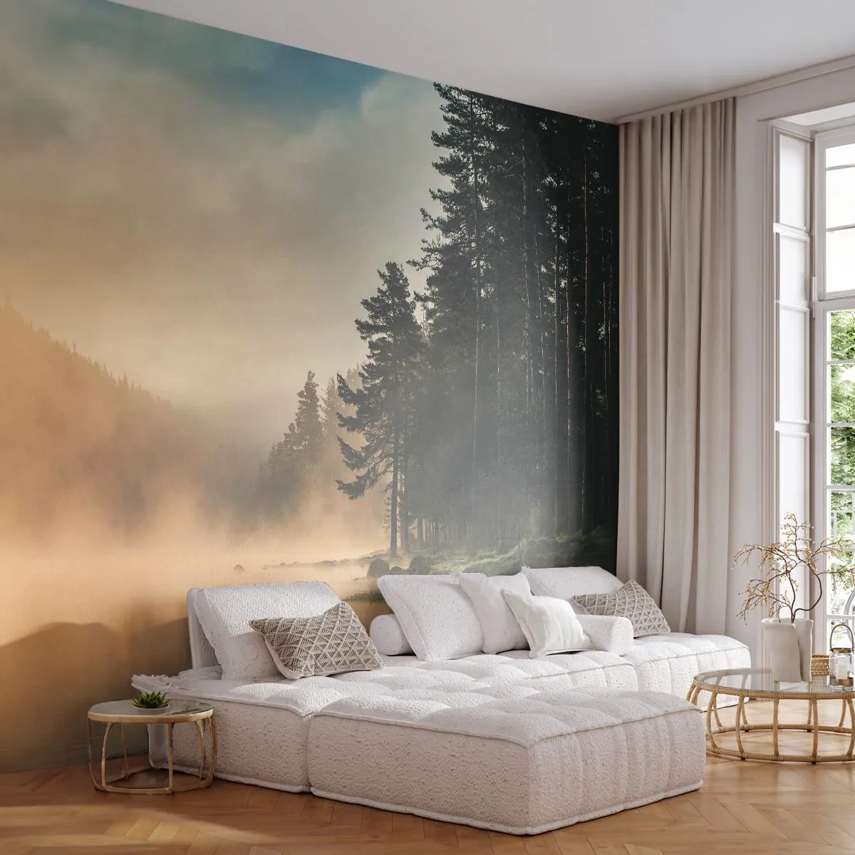 Självhäftande Fototapet Deluxe Sticker - Dagen föds - Landskap, Sjö, Skog - 250x175 cm