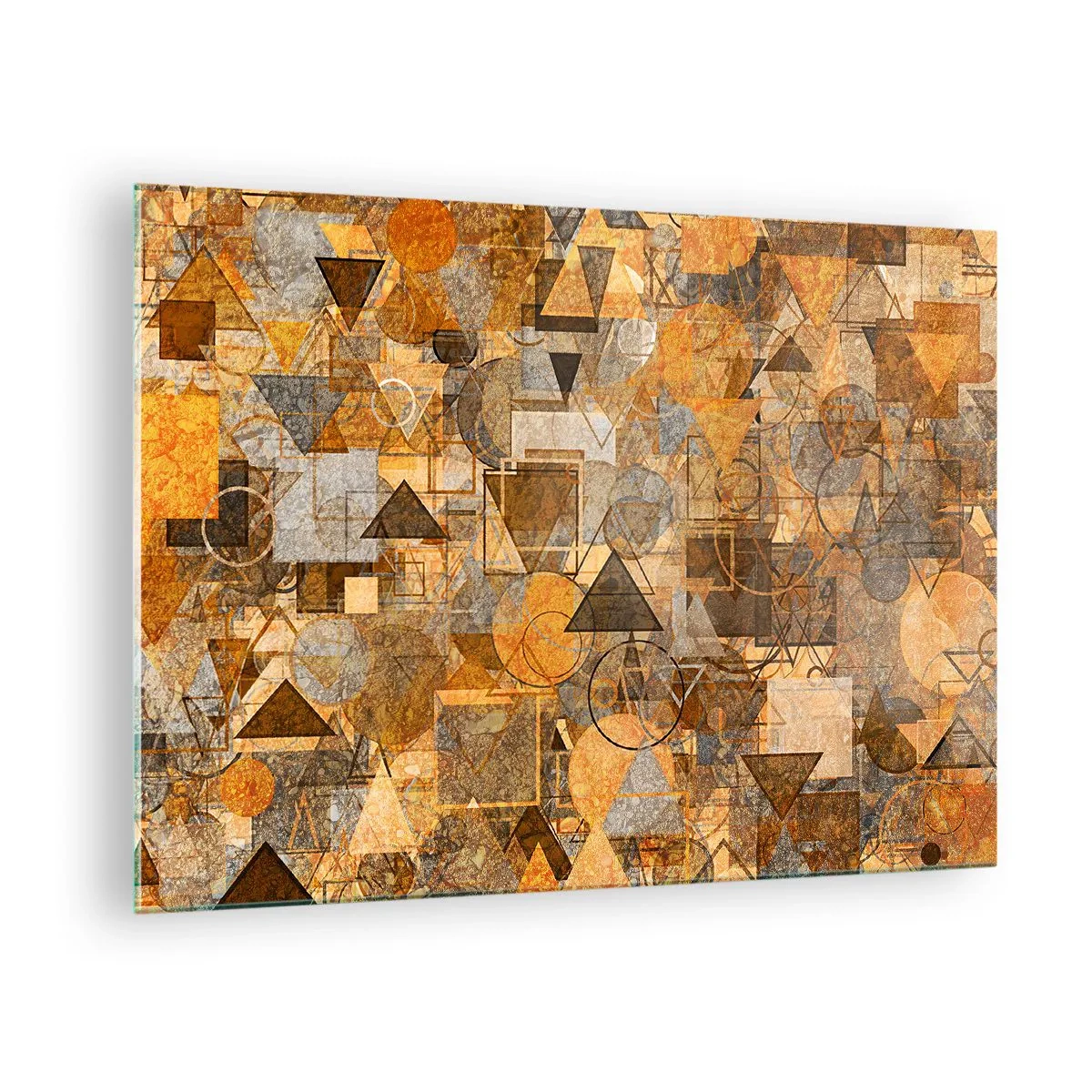 Glastavla - Bild på glas - Abstrakt geometrisk komposition i varma toner - 70x50cm - Värld infattad i form - Modern väggdekoration för vardagsrum och sovrum ARTTOR