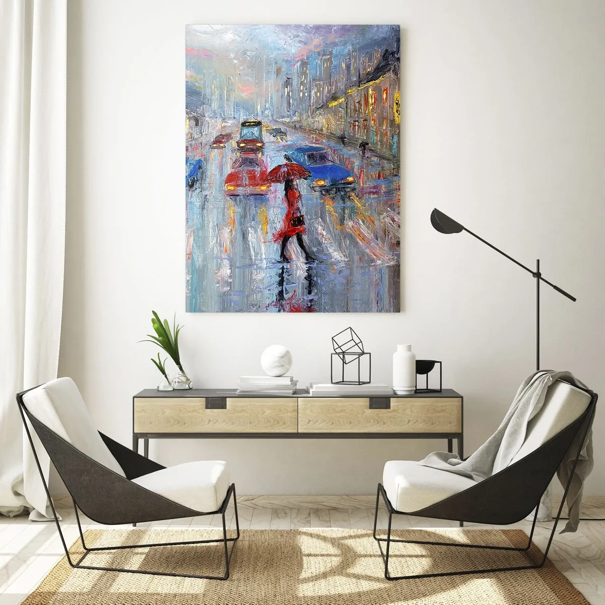 Glastavla - Bild på glas - Regnig eftermiddag i staden - 50x70 cm