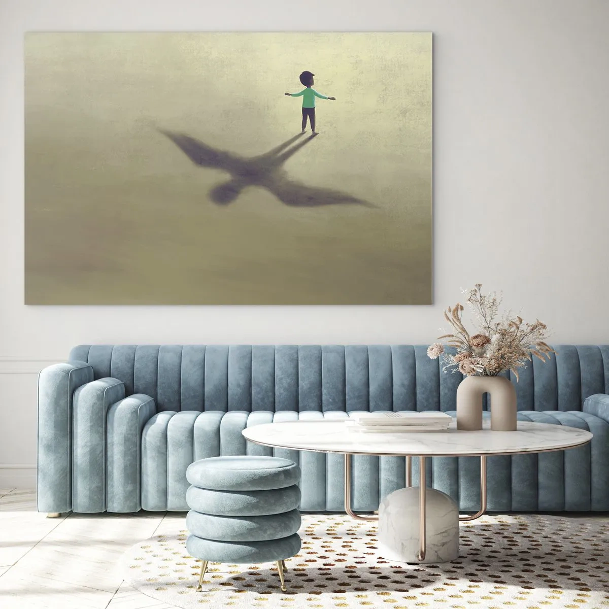 Glastavla - Bild på glas - En pojke med en fågelformad skugga på en beige bakgrund - 70x50cm - Framtidens hjälte - Modern väggdekoration för vardagsrum och sovrum ARTTOR