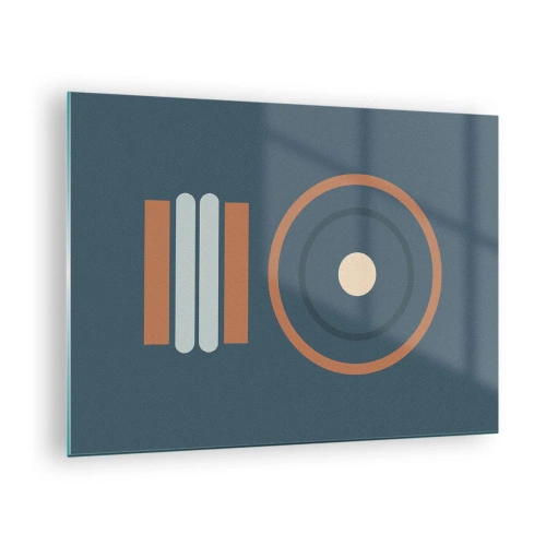 Glastavla - Bild på glas - Abstrakta geometriska former i dämpade färger, med cirklar och linjer - 70x50cm - Sakens kärna - Modern väggdekoration för vardagsrum och sovrum ARTTOR