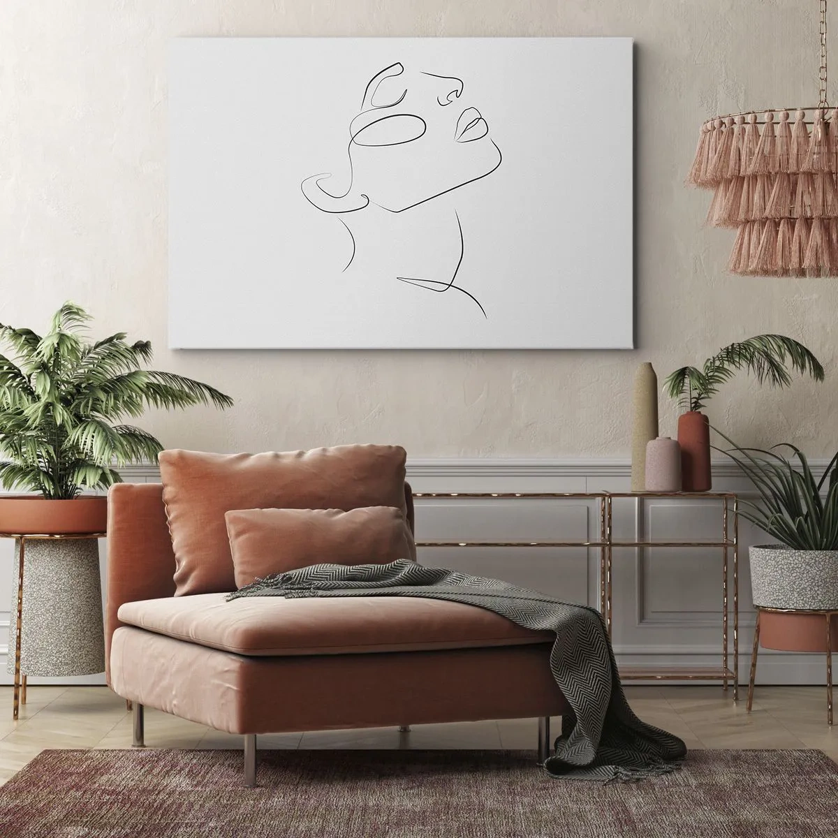 Canvastavla - Bild på duk - En minimalistisk skiss av en kvinnas ansikte i profil. - 70x50cm - Drömmens meander - Modern väggdekoration för vardagsrum och sovrum ARTTOR