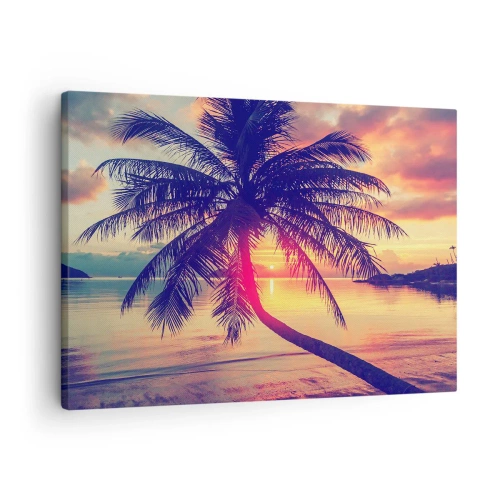 Canvastavla - Bild på duk - Solnedgång med en palm över en lugn strand - 70x50cm - Kväll under palmerna - Modern väggdekoration för vardagsrum och sovrum ARTTOR
