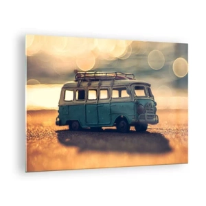 Glastavla - Bild på glas - Vintage leksaksbuss på stranden vid solnedgången - 70x50cm - Slut på smågudarna: pengar och arbete  - Modern väggdekoration för vardagsrum och sovrum ARTTOR