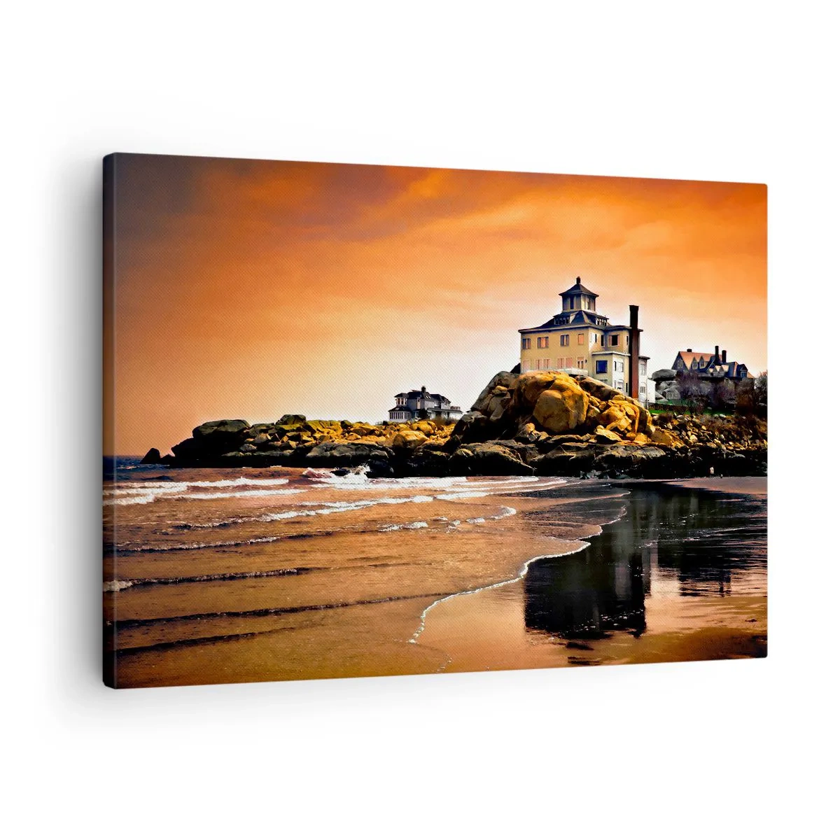 Canvastavla - Bild på duk - Ett hus på en klippa vid stranden i solnedgången med sin reflektion i vattnet - 70x50cm - Västkustens elegans - Modern väggdekoration för vardagsrum och sovrum ARTTOR