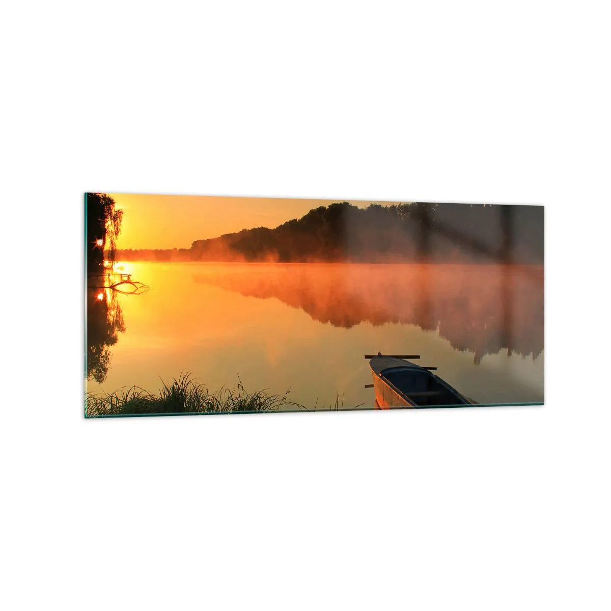 Glastavla - Bild på glas - Soluppgång vid spegelklart vatten - 120x50 cm