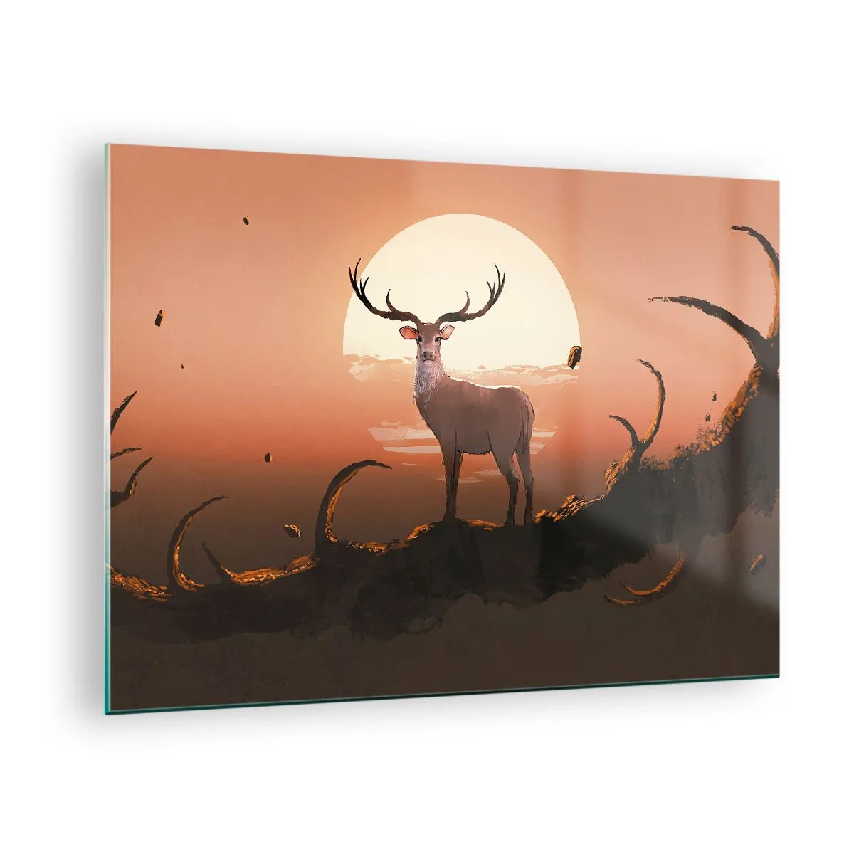 Glastavla - Bild på glas - Silhuetten av en hjort mot bakgrund av en stor måne omgiven av grenar - 70x50cm - Denna natt är inte lik de andra - Modern väggdekoration för vardagsrum och sovrum ARTTOR