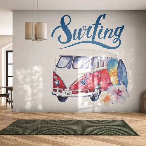 Fototapet Standard Eco - Gurka - en klassiker för surfaren - Vintage buss, Resor, Surfbräda - 450x315 cm