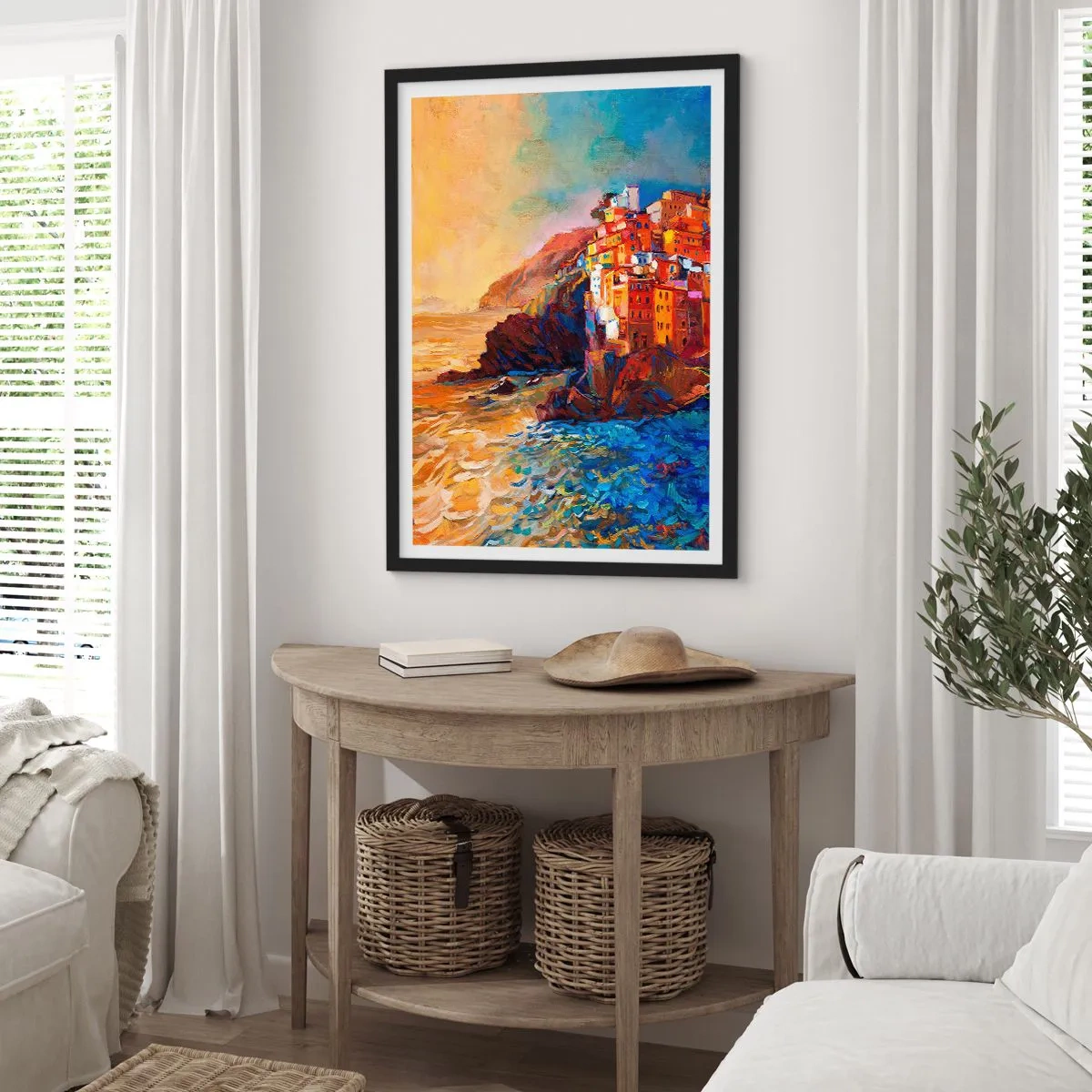 Affisch i svart ram - Färgglada byggnader med utsikt över klippan och havet vid solnedgången - 50x70cm - Italiensk stämning - Modern väggdekoration för vardagsrum och sovrum ARTTOR