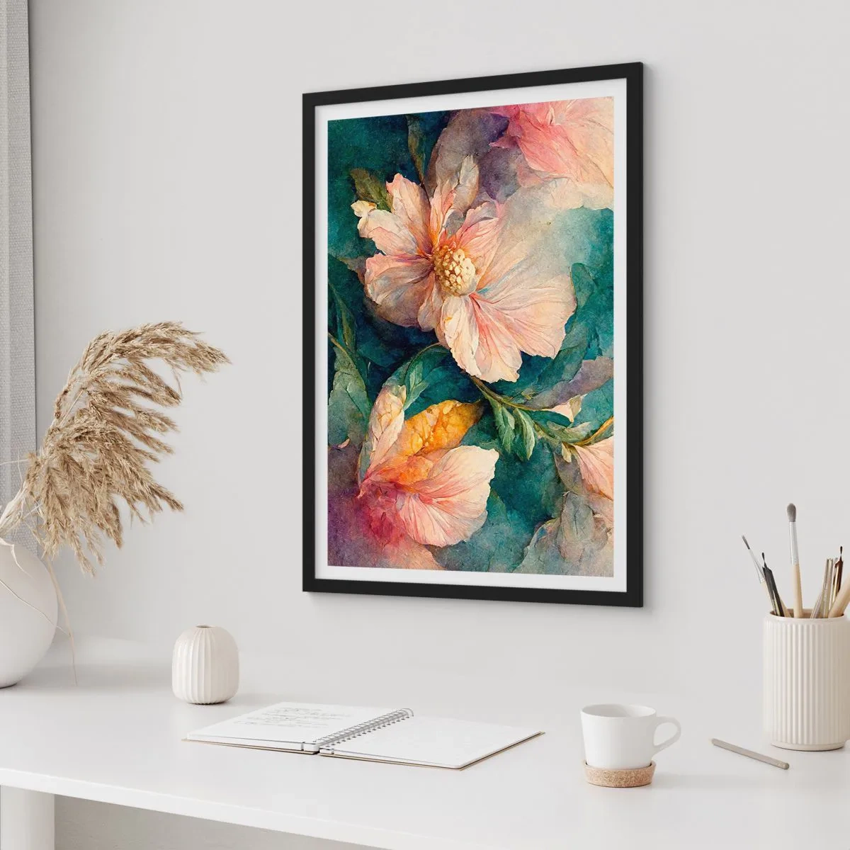 Affisch i svart ram - Fina blommor i akvarellstil - 50x70cm - Bara subtilitet - Modern väggdekoration för vardagsrum och sovrum ARTTOR