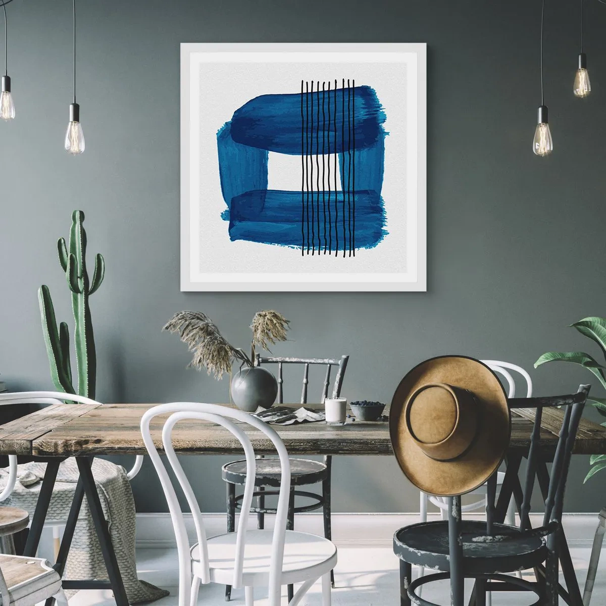 Affisch i vit ram - Svart-blå komposition - 30x30 cm