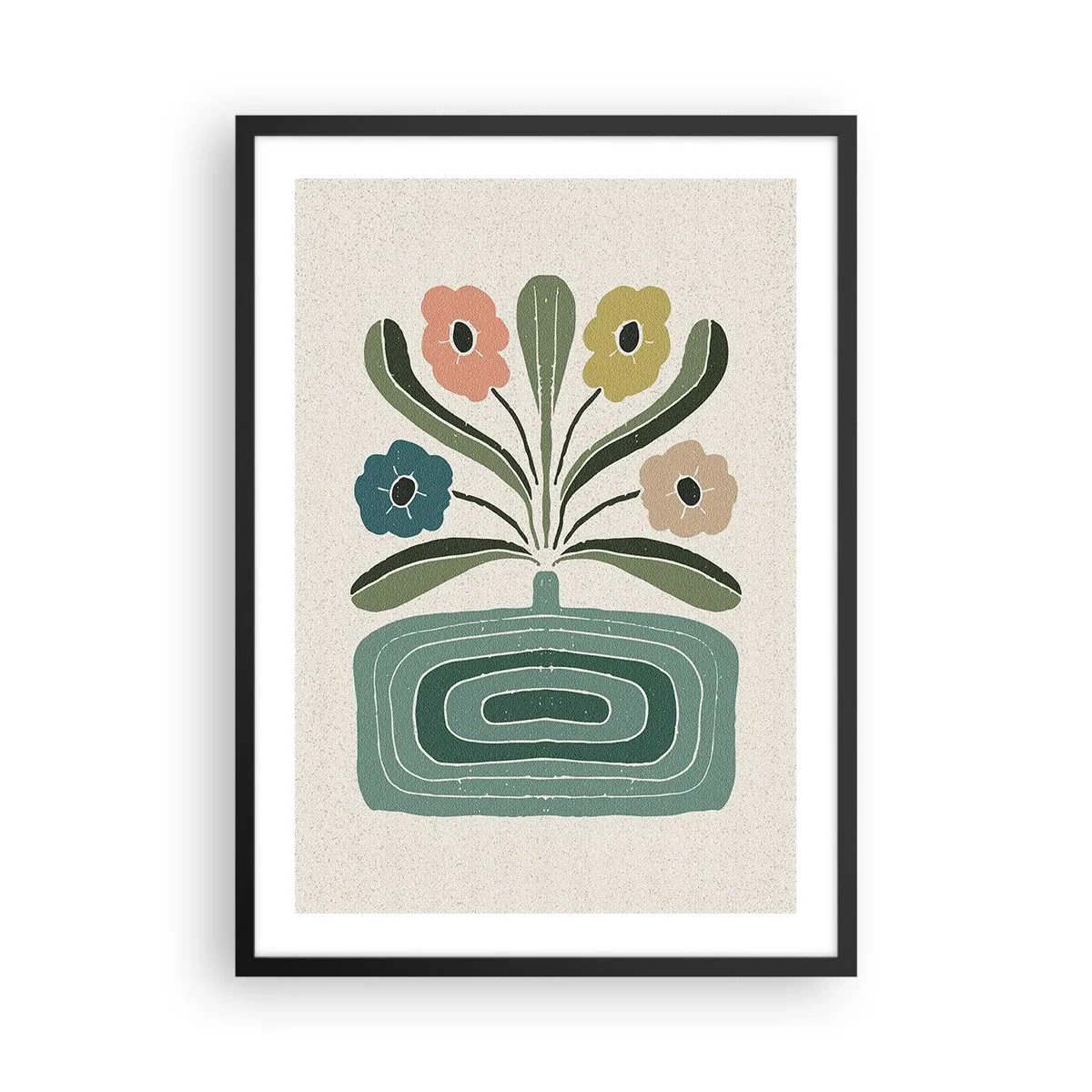 Affisch i svart ram - Stiliserade blommor i en grafisk komposition - 50x70cm - Symmetrisk bukett - Modern väggdekoration för vardagsrum och sovrum ARTTOR