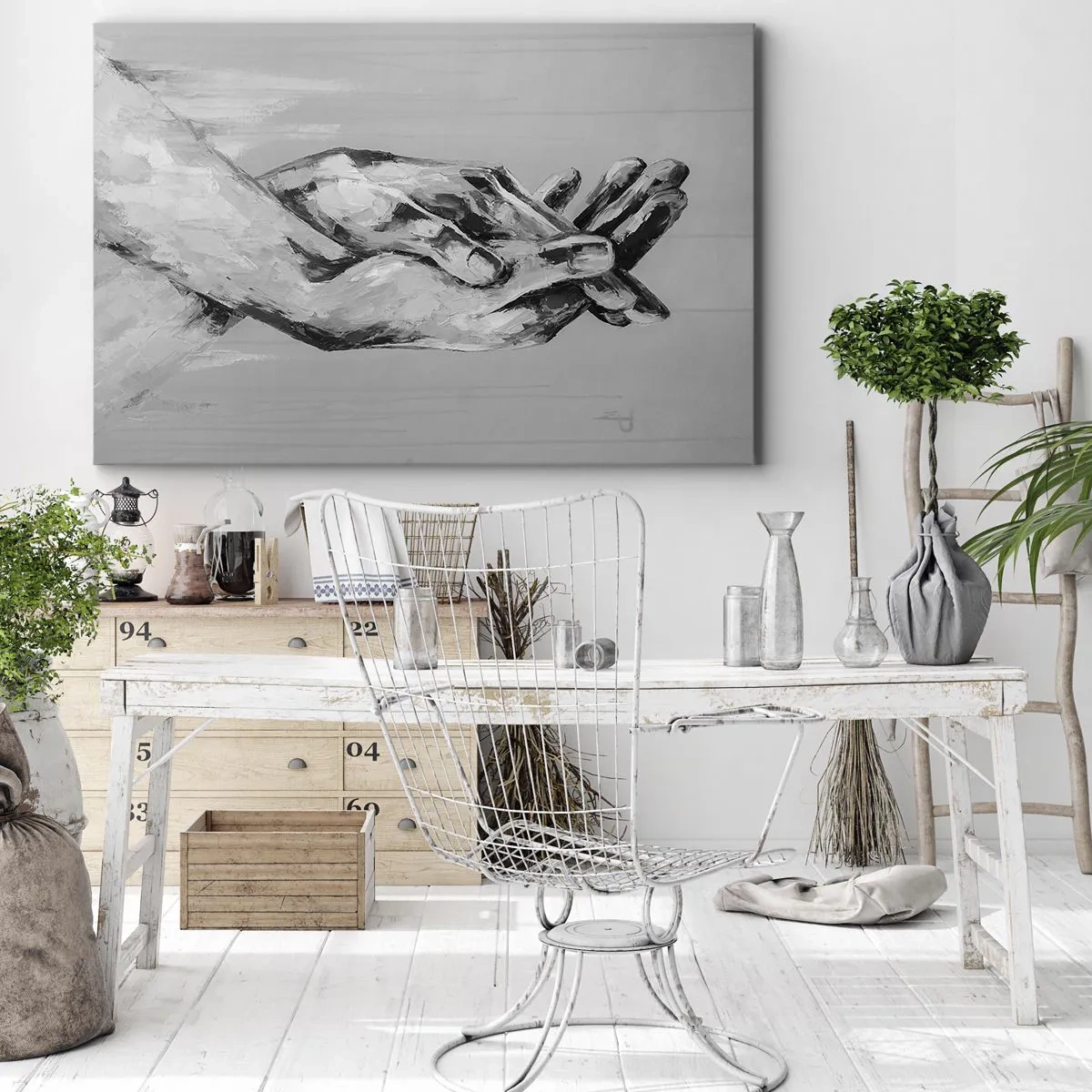 Canvastavla - Bild på duk - En svartvit komposition av två knäppta händer mot en ljus bakgrund. - 70x50cm - Början... - Modern väggdekoration för vardagsrum och sovrum ARTTOR