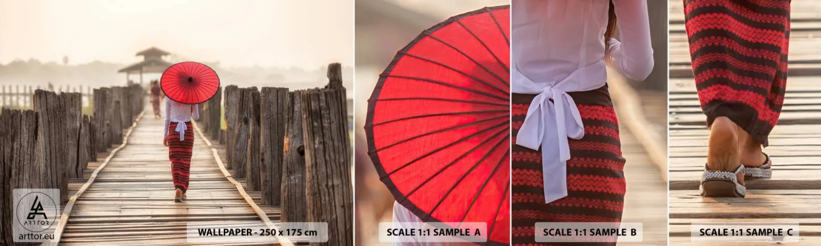 Provbit av självhäftande fototapet Deluxe Sticker - På den gamla bron - Paraply, Burma, Träbro - 100x30 cm