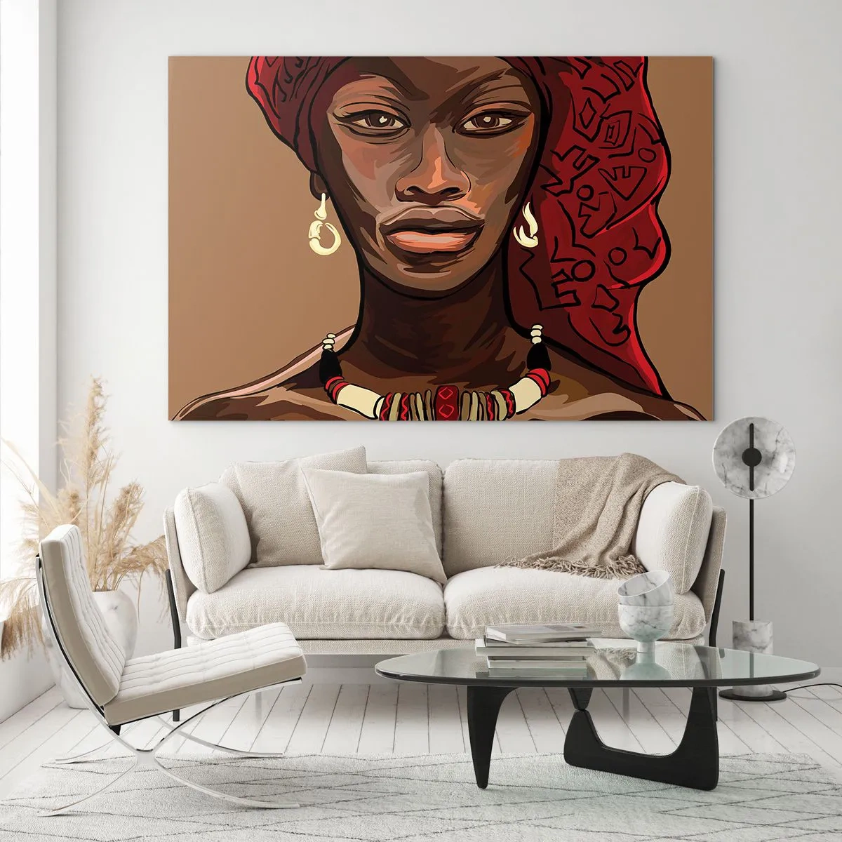 Glastavla - Bild på glas - Stiliserat porträtt av en kvinna i röd turban med smycken. - 70x50cm - Venus i ebenholts - Modern väggdekoration för vardagsrum och sovrum ARTTOR