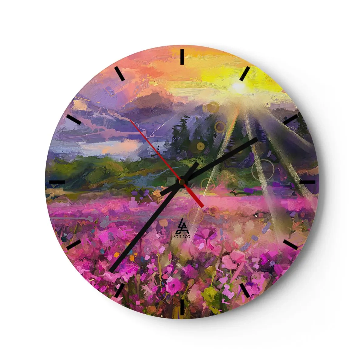 Väggklocka - Klocka på glas - Färgglad äng i solljuset med ett abstrakt landskap - 30x30cm - I dalen under solens beskydd - Modern väggdekoration för vardagsrum, kök och sovrum ARTTOR
