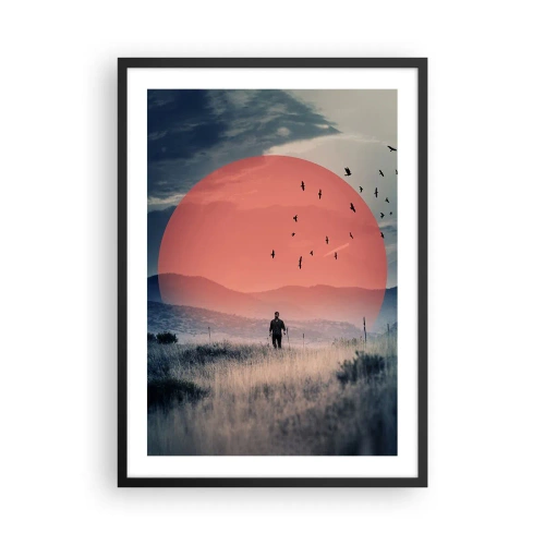 Affisch i svart ram - En man som går genom ett fält mot en röd sol - 50x70cm - I sina essen - Modern väggdekoration för vardagsrum och sovrum ARTTOR
