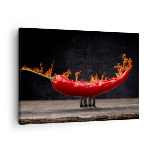 Canvastavla - Bild på duk - Flammande röd paprika på en gaffel - 70x50cm - Helvetiskt tilltugg - Modern väggdekoration för vardagsrum och sovrum ARTTOR