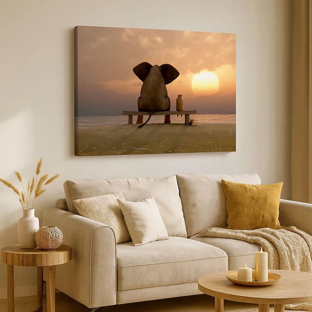 Canvastavla - Bild på duk - En elefant och en hund sitter på en bänk på stranden under solnedgången. - 70x50cm - Det är bra att vara tyst tillsammans - Modern väggdekoration för vardagsrum och sovrum ARTTOR