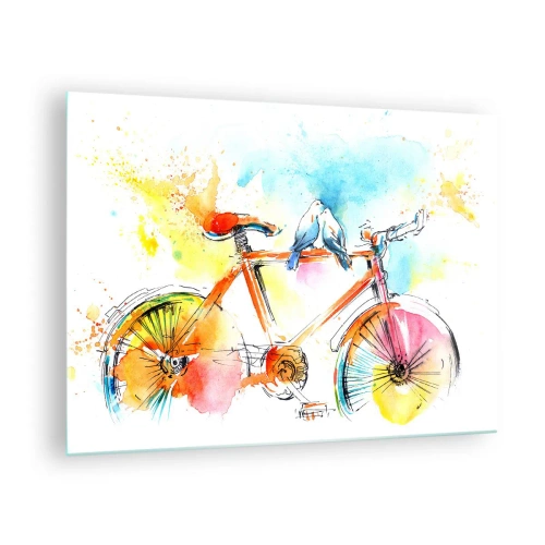 Glastavla - Bild på glas - En färgglad cykel med fåglar som sitter på styret - 70x50cm - Två på cykel - Modern väggdekoration för vardagsrum och sovrum ARTTOR