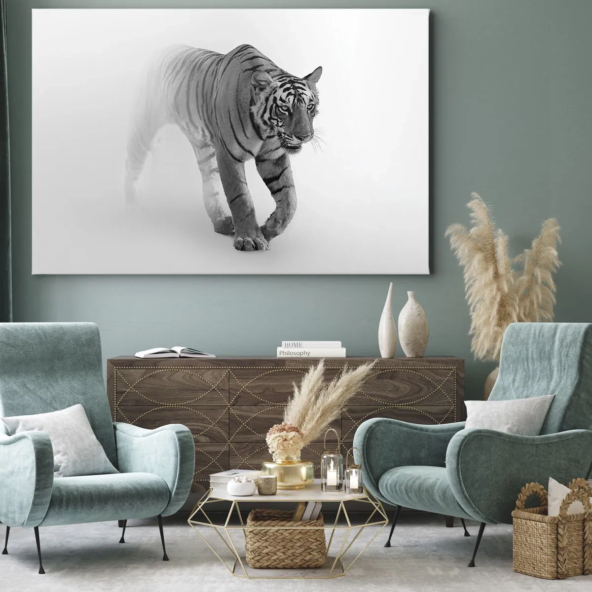 Canvastavla - Bild på duk - En tiger som kommer fram ur dimman - 70x50cm - Gömd i dimman - Modern väggdekoration för vardagsrum och sovrum ARTTOR