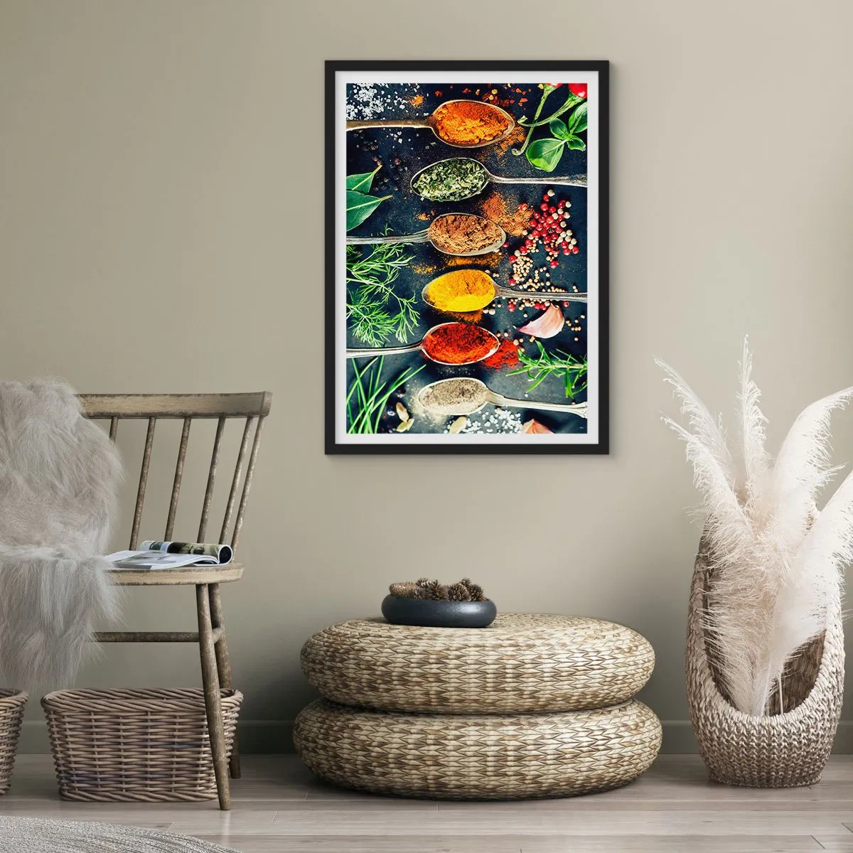 Affisch i svart ram - Färgglada kryddor och örter på metallskedar - 50x70cm - Kulinarisk magi - Modern väggdekoration för vardagsrum och sovrum ARTTOR