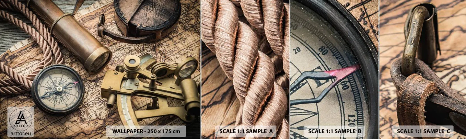 Provbit av självhäftande fototapet Deluxe Sticker - Sätt ut kursen - Nautisk, Världskarta, Kompass - 100x30 cm