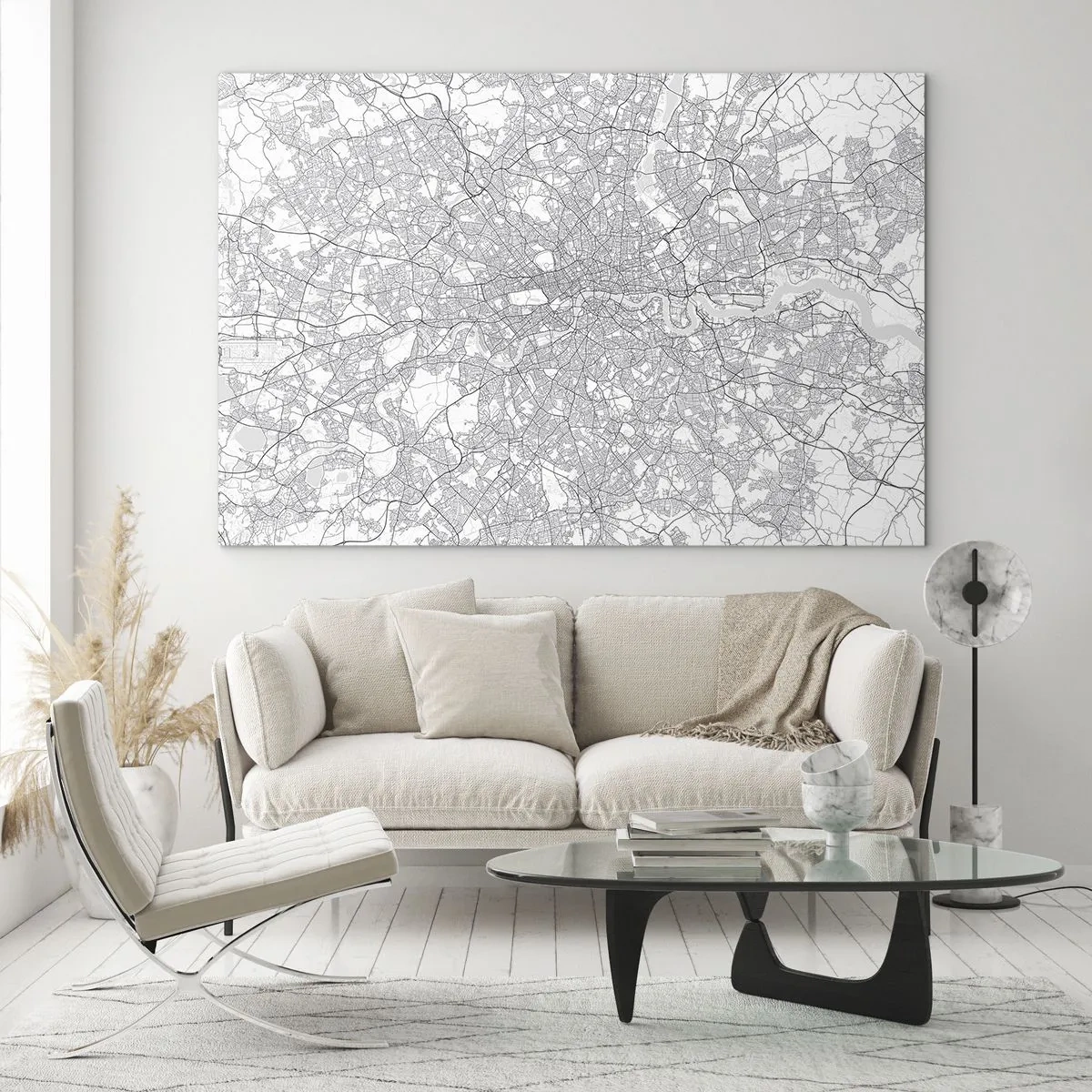 Glastavla - Bild på glas - En svartvit karta med ett tätt gaturat i minimalistisk stil. - 70x50cm - Karta över London-labyrinten - Modern väggdekoration för vardagsrum och sovrum ARTTOR