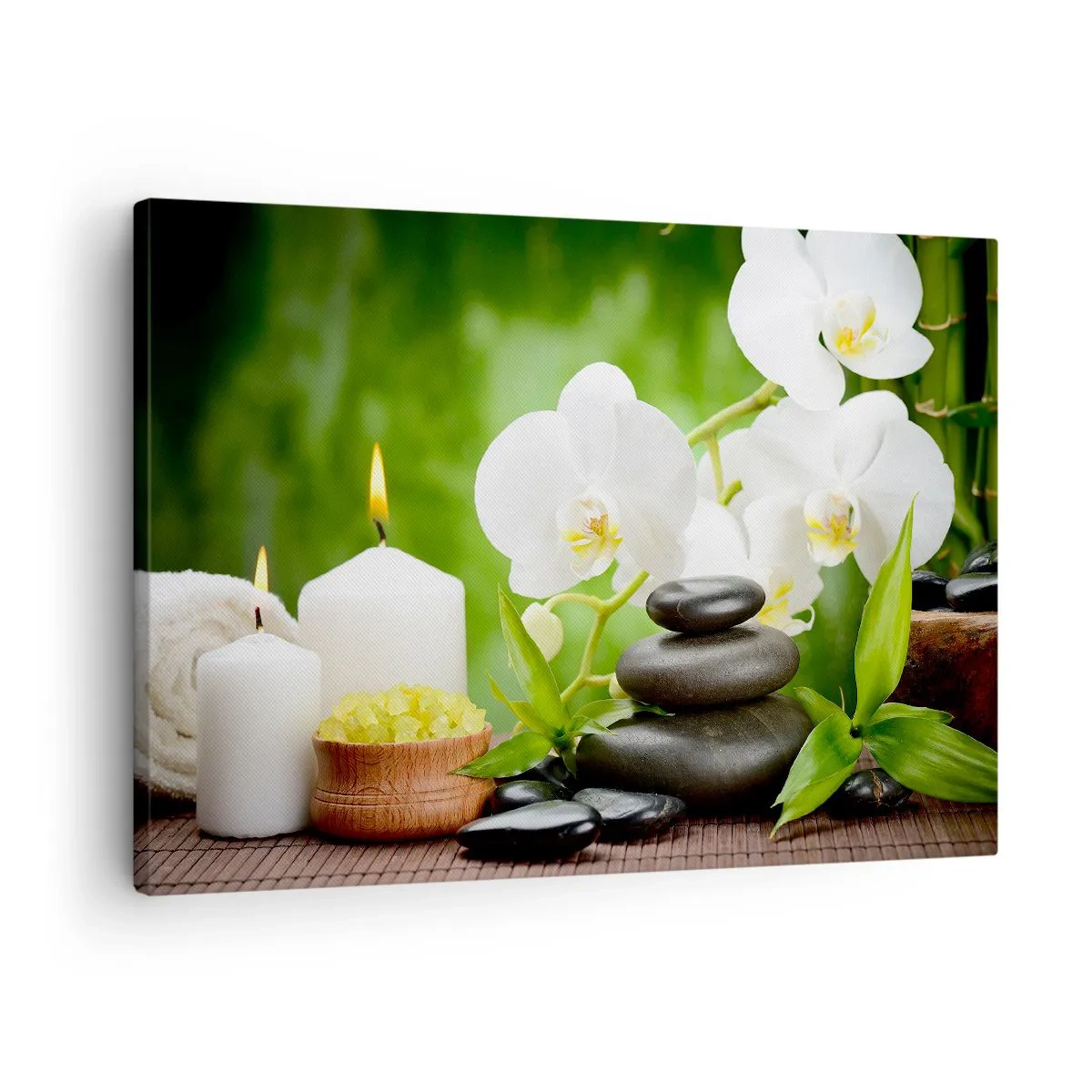 Canvastavla - Bild på duk - Orkidéer, ljus och stenar omgivna av naturen - 70x50cm - Doftande, blommig och lätt beröring - Modern väggdekoration för vardagsrum och sovrum ARTTOR
