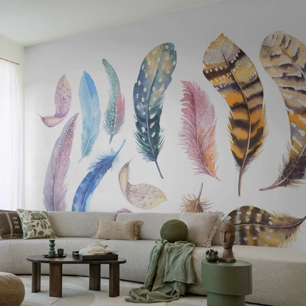 Fototapet Standard Eco - Lätta, färgglada och färgrika - Fågelfjädrar, Fåglar, Grafik - 200x140 cm