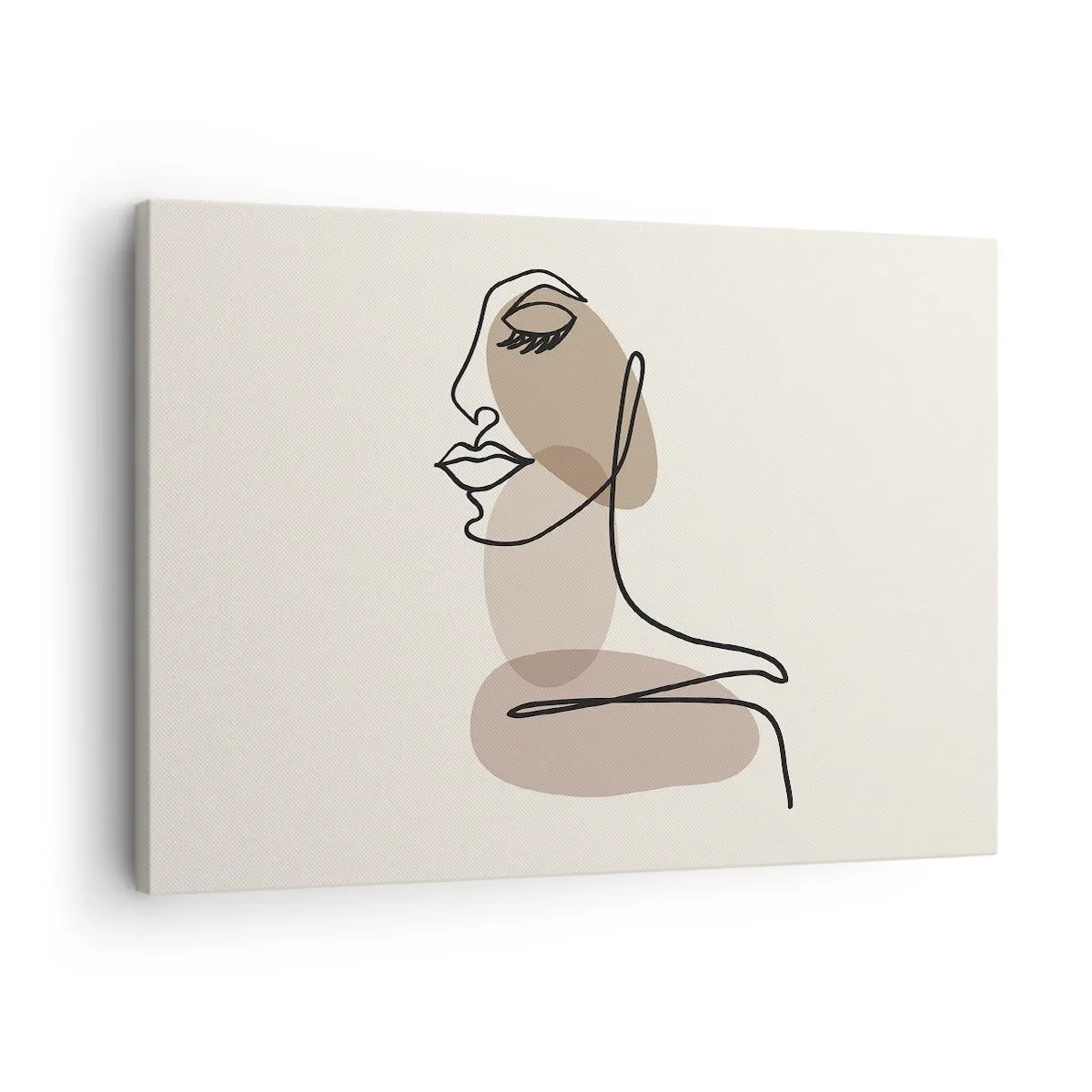 Canvastavla - Bild på duk - Minimalistisk kvinnas ansikte med abstrakta fläckar - 70x50cm - Lyssnar på sig själv - Modern väggdekoration för vardagsrum och sovrum ARTTOR