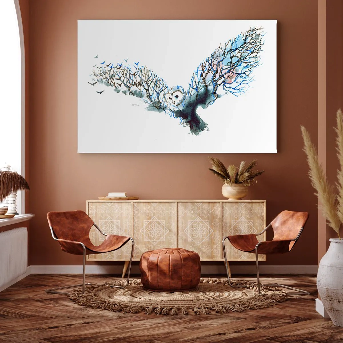 Canvastavla - Bild på duk - Konstnärlig grafik av en uggla med utbredda vingar - 70x50cm - På skogens vingar - Modern väggdekoration för vardagsrum och sovrum ARTTOR