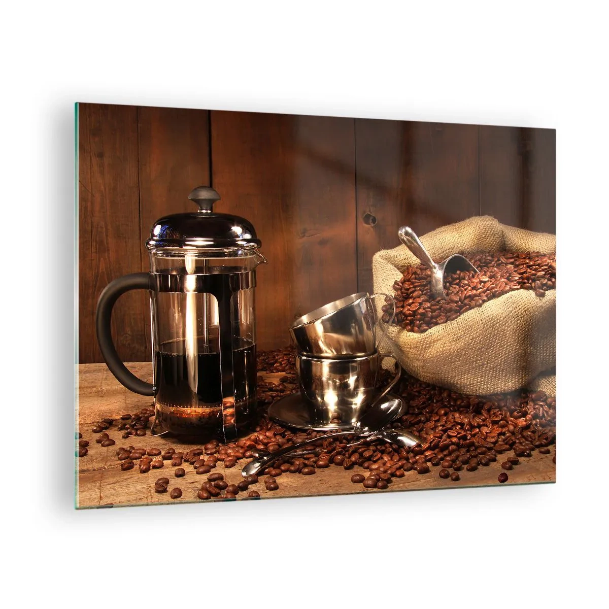 Glastavla - Bild på glas - Kaffebryggare, koppar och en påse kaffebönor - 70x50cm - Kaffets charm - arom och smak - Modern väggdekoration för vardagsrum och sovrum ARTTOR
