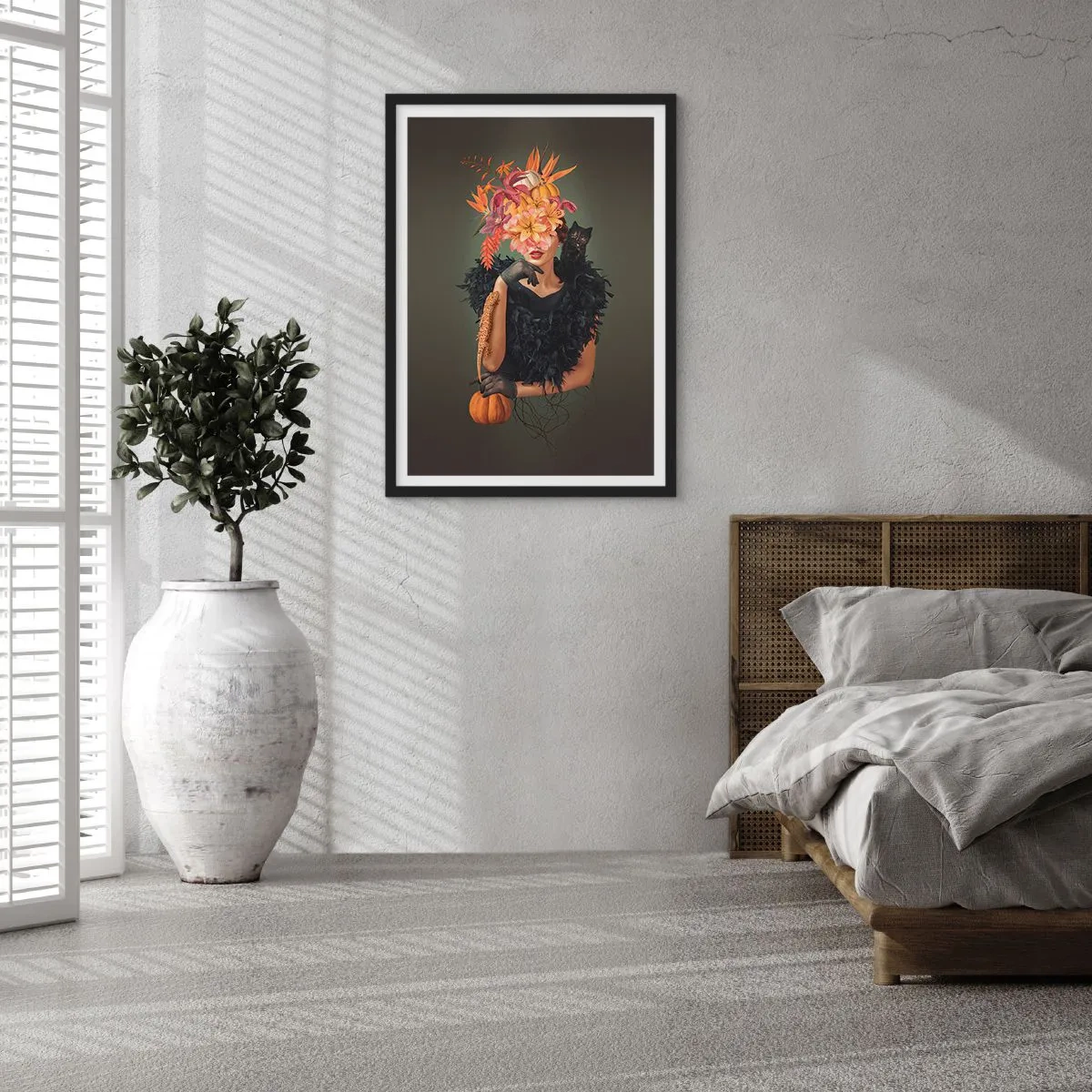 Affisch i svart ram - Konstnärligt porträtt av en kvinna med blommor, en pumpa och en svart katt. - 50x70cm - Häxans troll - Modern väggdekoration för vardagsrum och sovrum ARTTOR