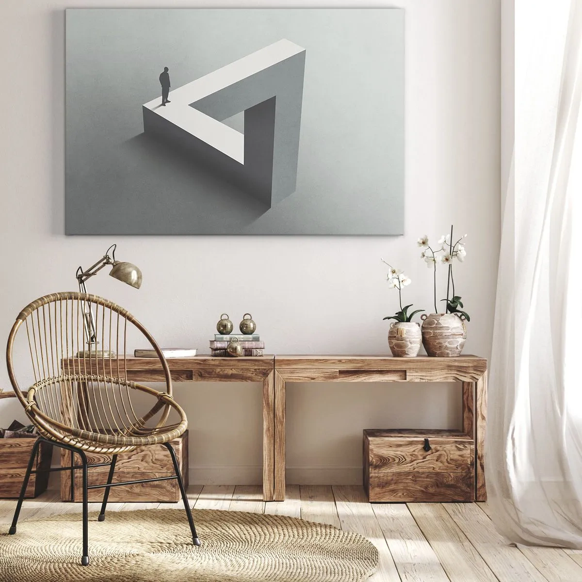 Canvastavla - Bild på duk - En figur stående på en Penrosetriangel i grå nyanser. - 70x50cm - Och ändå möjligt - Modern väggdekoration för vardagsrum och sovrum ARTTOR