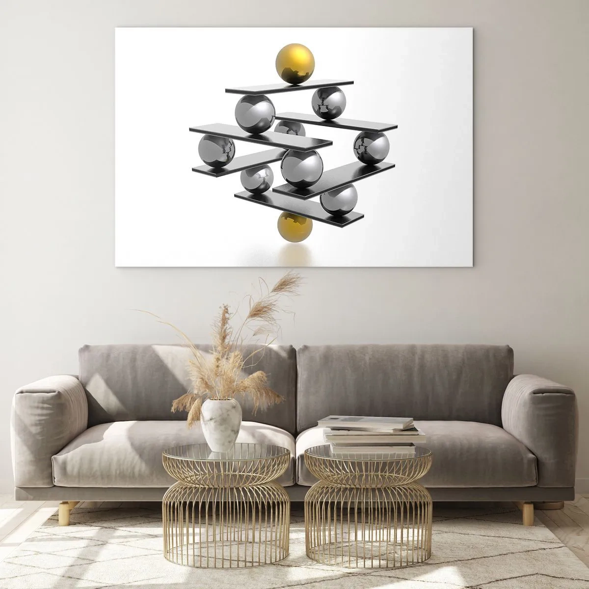 Glastavla - Bild på glas - Geometrisk komposition med bollar och plattformar på vit bakgrund - 70x50cm - Guld-silver balans - Modern väggdekoration för vardagsrum och sovrum ARTTOR
