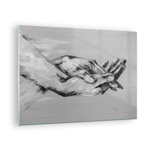 Glastavla - Bild på glas - Svartvit målning av två händer som sträcker sig efter varandra - 70x50cm - Början... - Modern väggdekoration för vardagsrum och sovrum ARTTOR