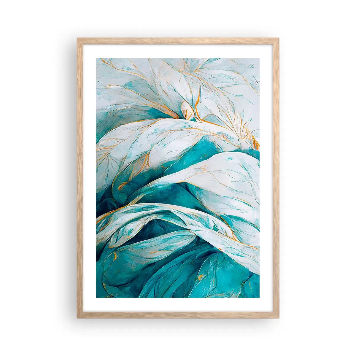 Affisch i ram av ljusek - Blå abstraktion med guldmotiv - 50x70 cm