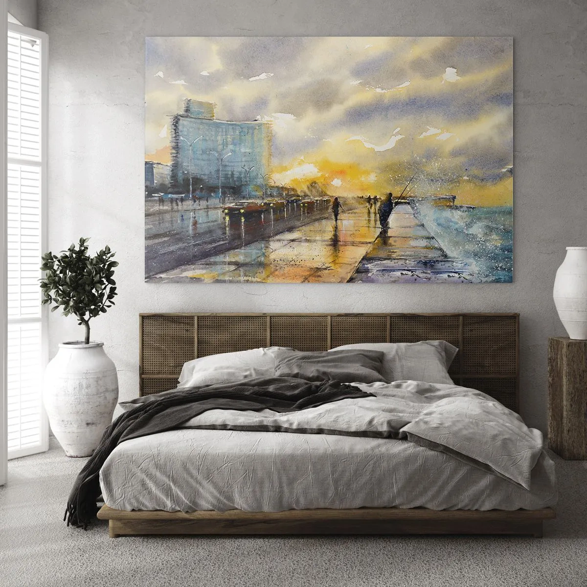 Glastavla - Bild på glas - Akvarell kuststad med solnedgång - 70x50cm - Livet på stranden - Modern väggdekoration för vardagsrum och sovrum ARTTOR