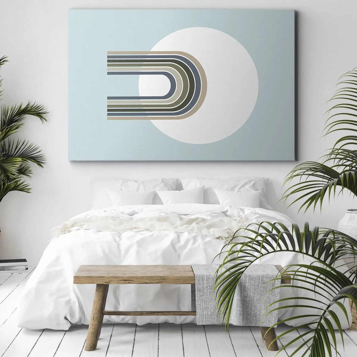 Canvastavla - Bild på duk - En minimalistisk komposition med en cirkel och linjer mot en pastellbakgrund. - 70x50cm - Ostoppad attraktionskraft - Modern väggdekoration för vardagsrum och sovrum ARTTOR