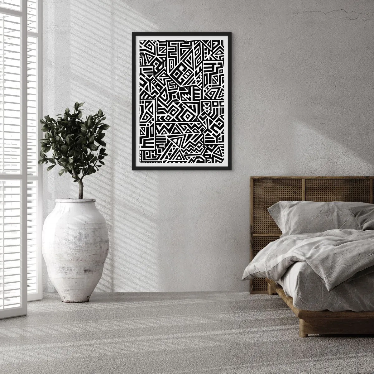 Affisch i svart ram - Svartvitt geometriskt mönster i konstnärlig stil - 50x70cm - Prekolumbisk komposition - Modern väggdekoration för vardagsrum och sovrum ARTTOR