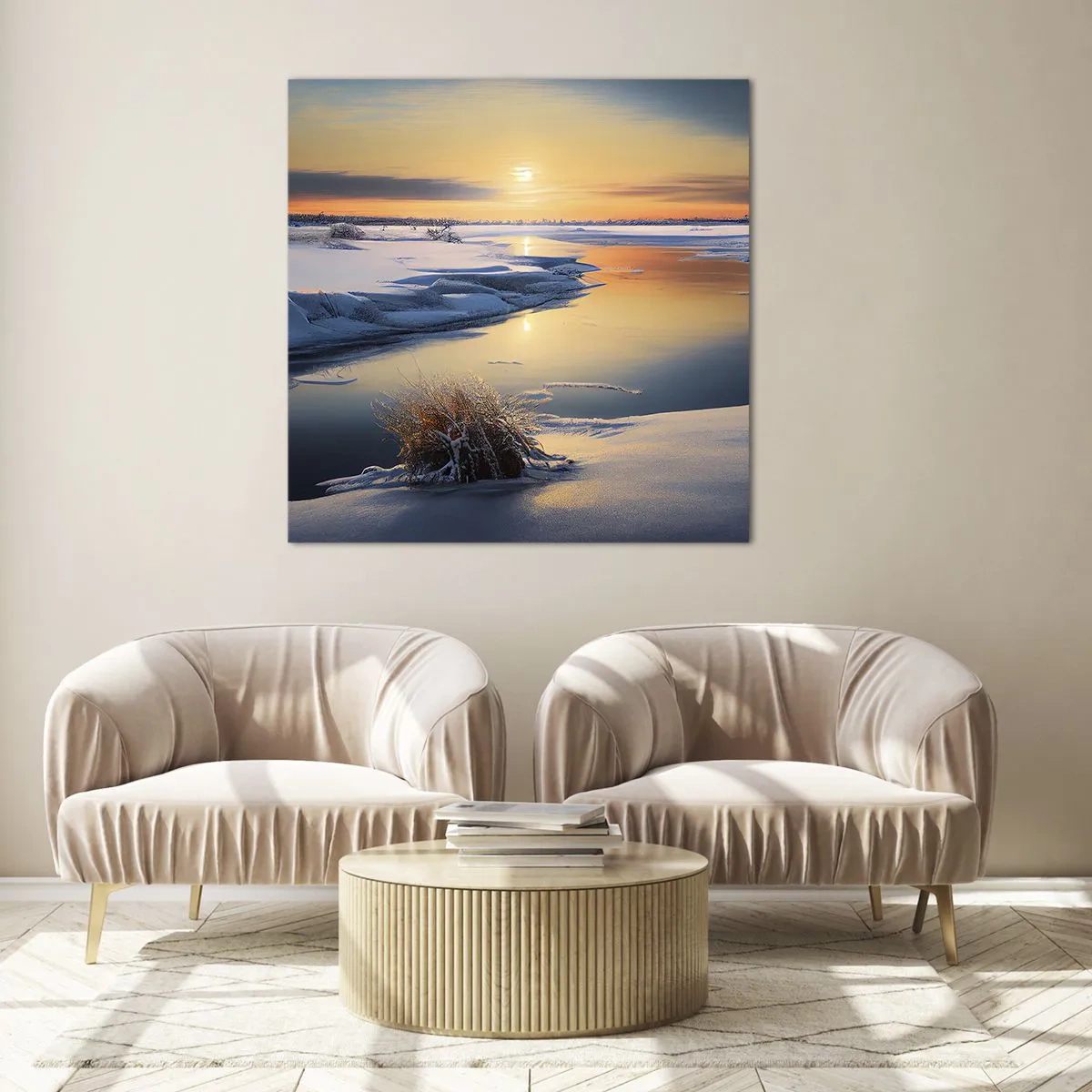 Glastavla - Bild på glas - Vintersolnedgång - 60x60 cm