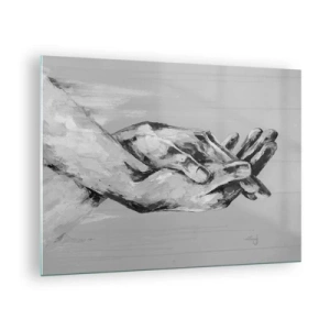 Glastavla - Bild på glas - Svartvit målning av två händer som sträcker sig efter varandra - 70x50cm - Början... - Modern väggdekoration för vardagsrum och sovrum ARTTOR