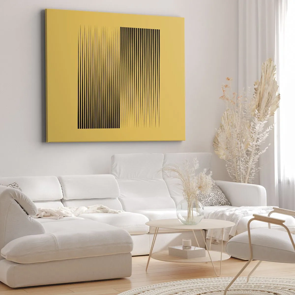 Canvastavla - Bild på duk - Vertikala svarta linjer på gul bakgrund - 70x50cm - Motsatsernas kvadrat - Modern väggdekoration för vardagsrum och sovrum ARTTOR